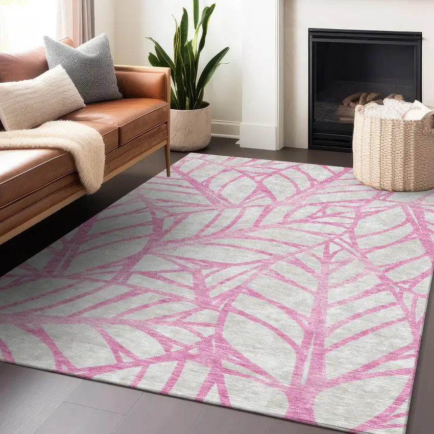 Pink And Beige Floral Washable Area Rug With UV Protection Photo 5