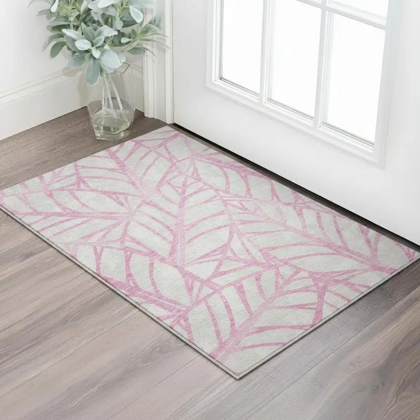Pink And Beige Floral Washable Area Rug With UV Protection Photo 2