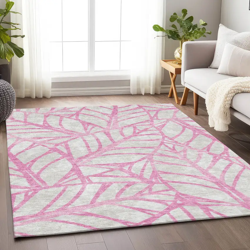 Pink And Beige Floral Washable Area Rug With UV Protection Photo 4