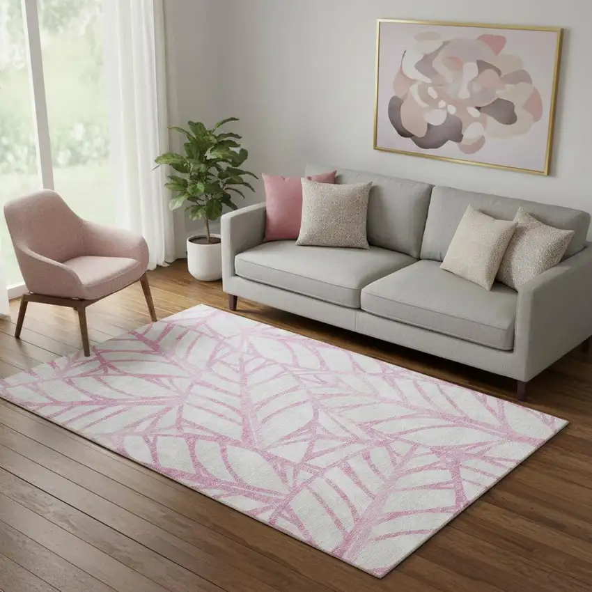 Pink And Beige Floral Washable Area Rug With UV Protection Photo 1