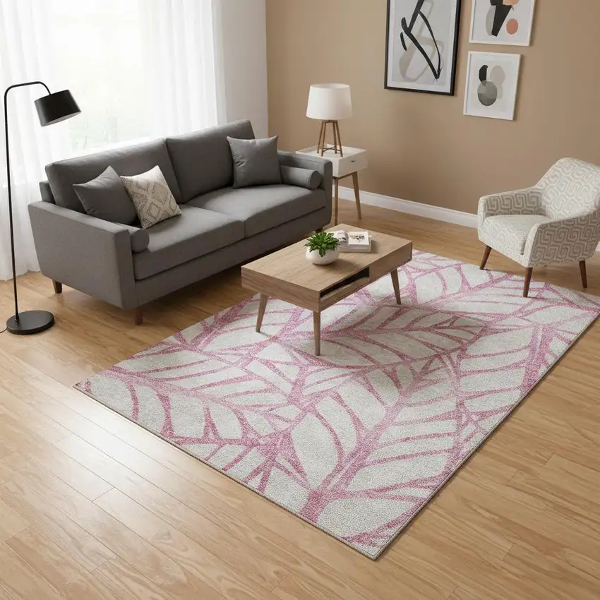 Pink And Beige Floral Washable Area Rug With UV Protection Photo 2