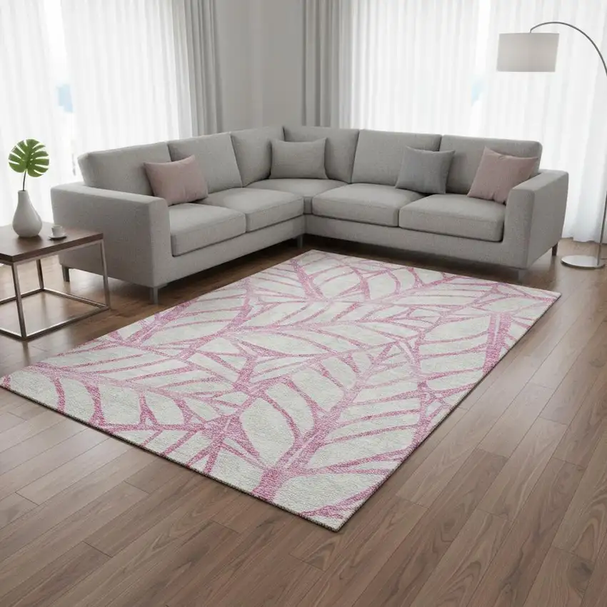 Pink And Beige Floral Washable Area Rug With UV Protection Photo 2