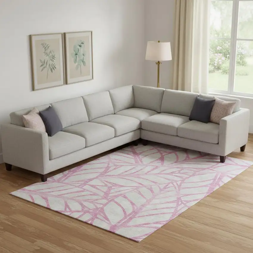 Pink And Beige Floral Washable Area Rug With UV Protection Photo 1