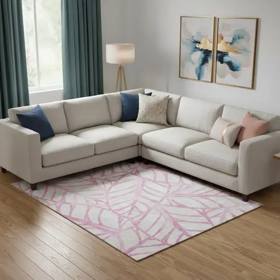 Pink And Beige Floral Washable Area Rug With UV Protection Photo 1