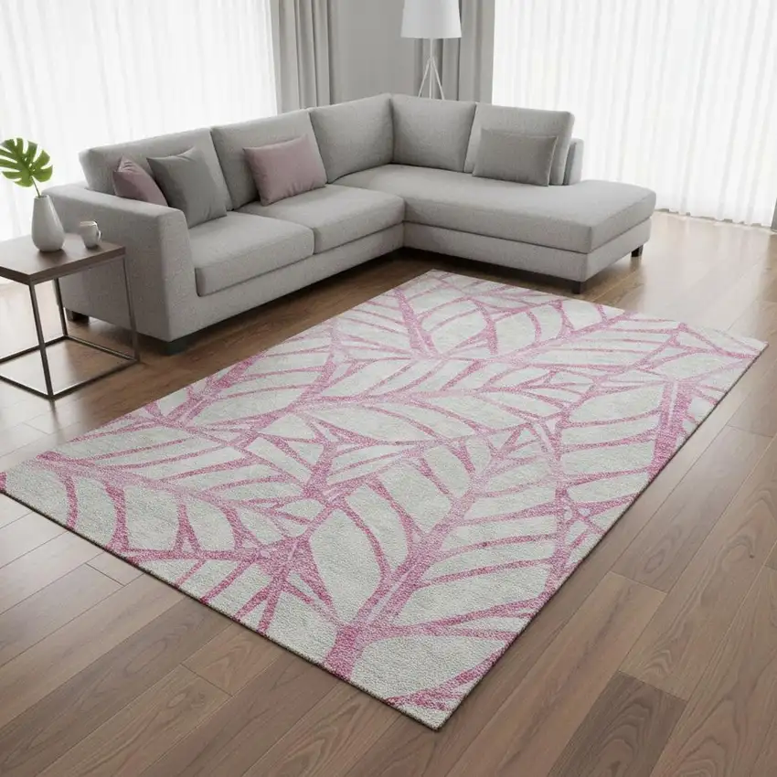 Pink And Beige Floral Washable Area Rug With UV Protection Photo 2