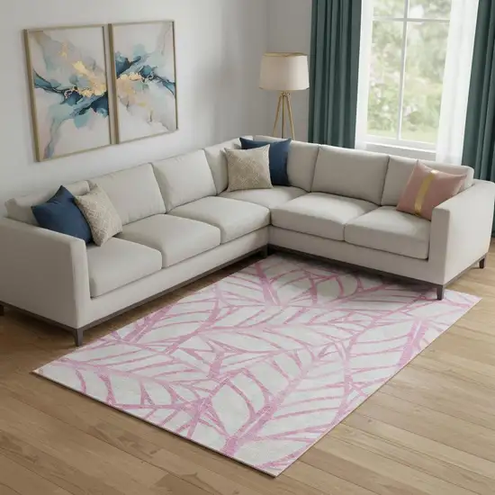 Pink And Beige Floral Washable Area Rug With UV Protection Photo 1