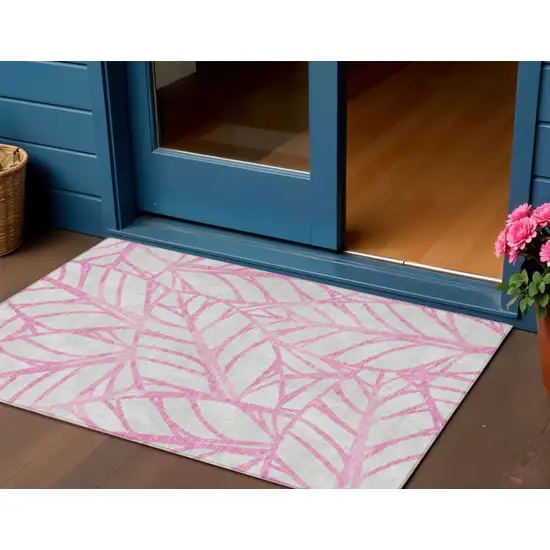 Pink And Beige Floral Washable Indoor Outdoor Area Rug Photo 1