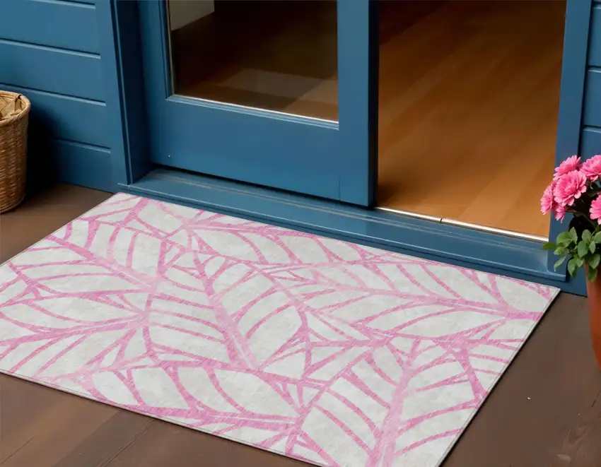 Pink And Beige Floral Washable Indoor Outdoor Area Rug Photo 1