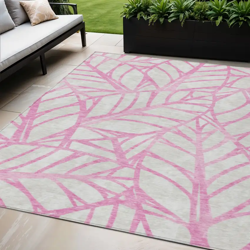 Pink And Beige Floral Washable Indoor Outdoor Area Rug Photo 1