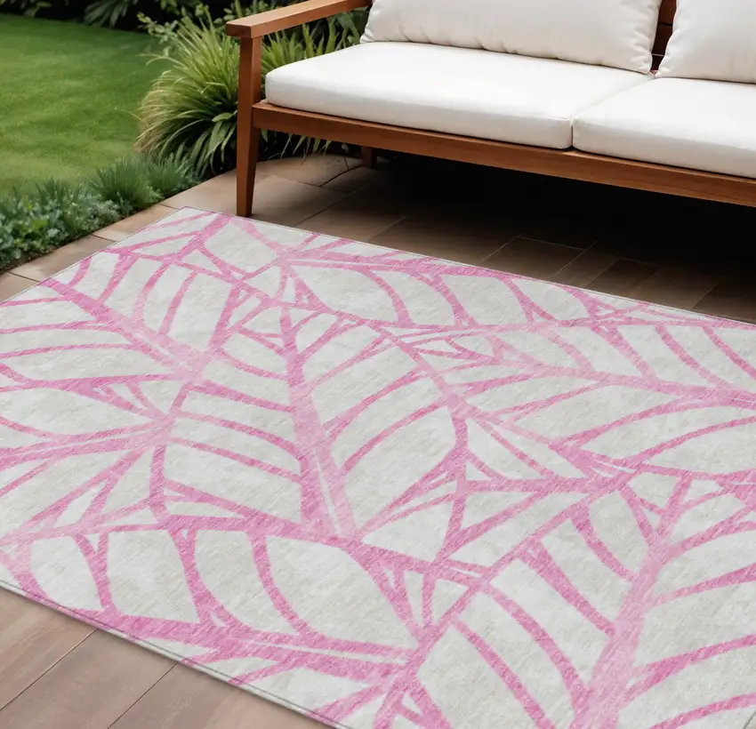 Pink And Beige Floral Washable Indoor Outdoor Area Rug Photo 1
