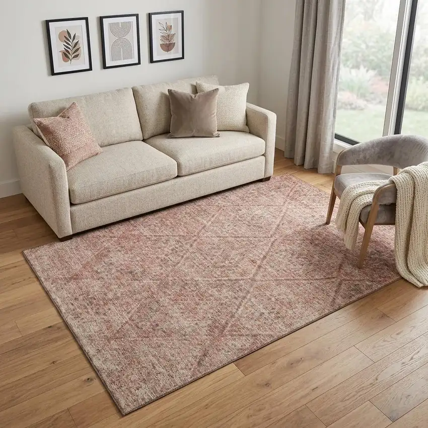 Pink And Beige Moroccan Washable Area Rug With UV Protection Photo 1