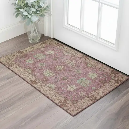 Pink And Beige Oriental Washable Area Rug With UV Protection Photo 2