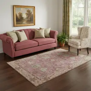Photo of Pink And Beige Oriental Washable Area Rug With UV Protection