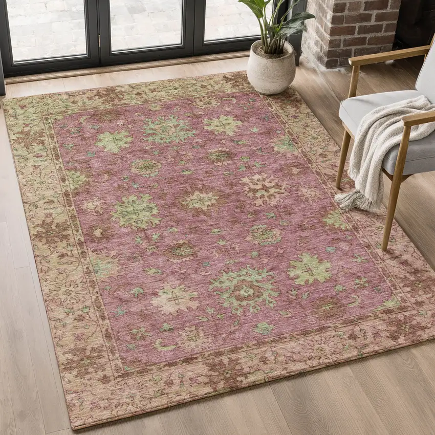Pink And Beige Oriental Washable Area Rug With UV Protection Photo 5
