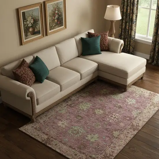 Pink And Beige Oriental Washable Area Rug With UV Protection Photo 2