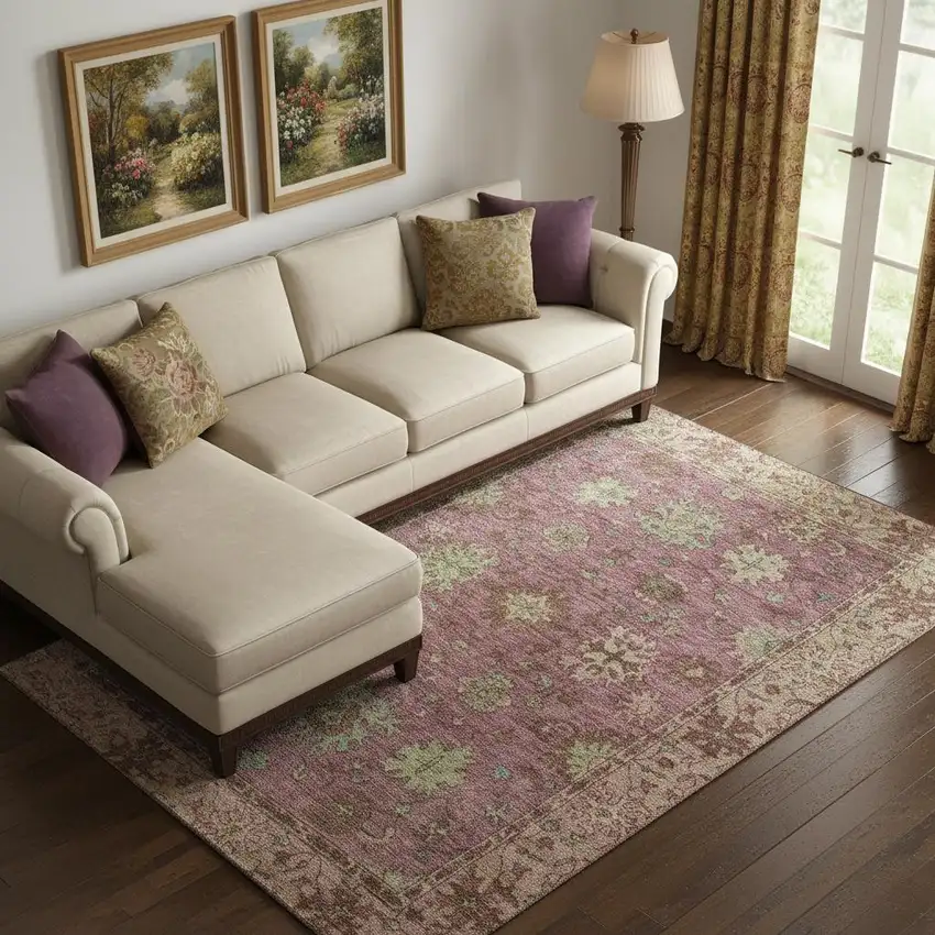 Pink And Beige Oriental Washable Area Rug With UV Protection Photo 2