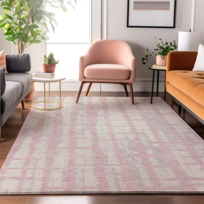 Pink And Beige Striped Washable Area Rug With UV Protection Photo 5