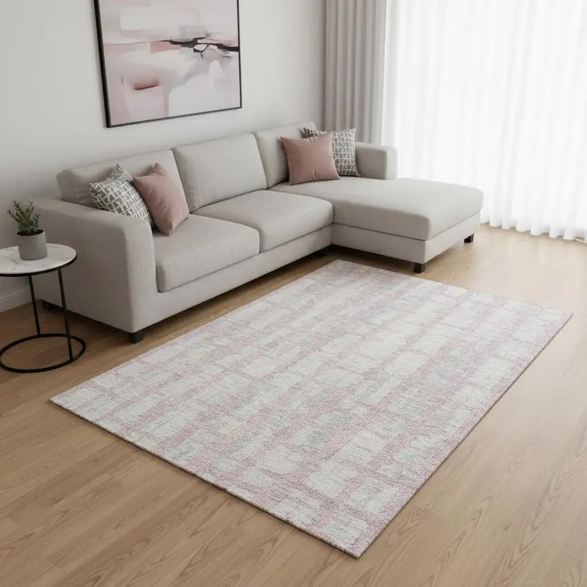 Pink And Beige Striped Washable Area Rug With UV Protection Photo 2