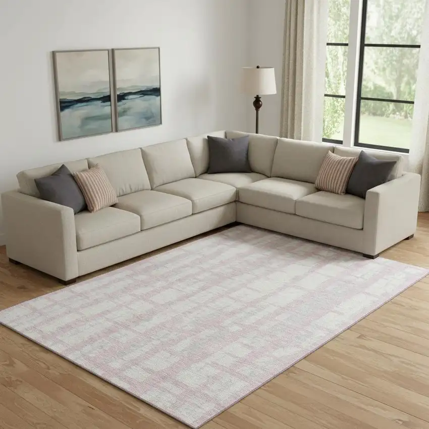 Pink And Beige Striped Washable Area Rug With UV Protection Photo 1