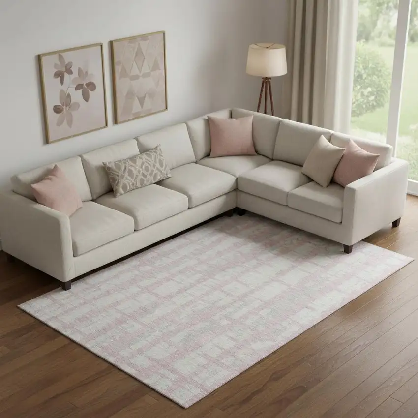 Pink And Beige Striped Washable Area Rug With UV Protection Photo 1