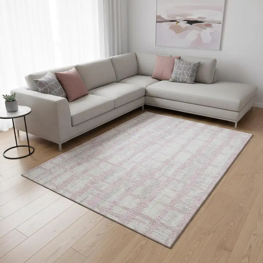 Pink And Beige Striped Washable Area Rug With UV Protection Photo 2