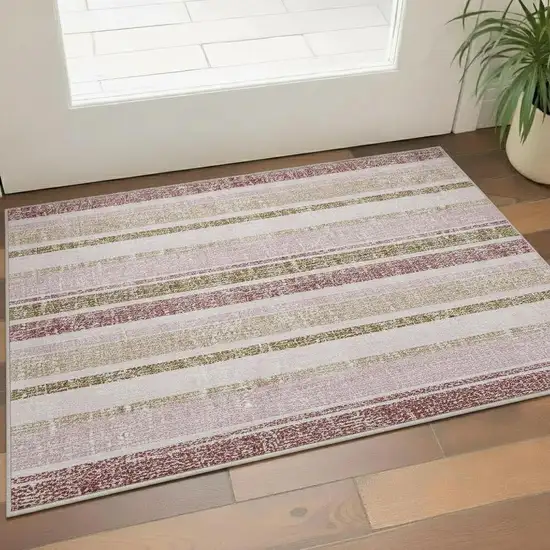 Pink And Beige Striped Washable Area Rug With UV Protection Photo 2