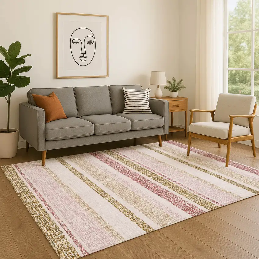 Pink And Beige Striped Washable Area Rug With UV Protection Photo 5
