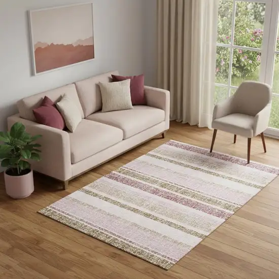 Pink And Beige Striped Washable Area Rug With UV Protection Photo 2