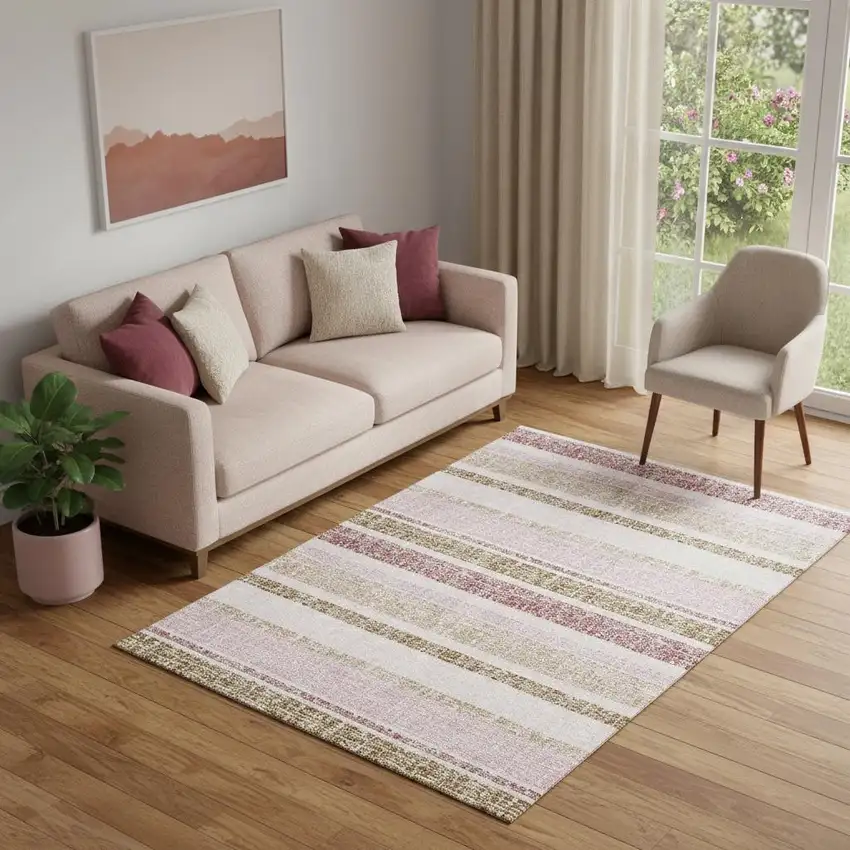 Pink And Beige Striped Washable Area Rug With UV Protection Photo 2