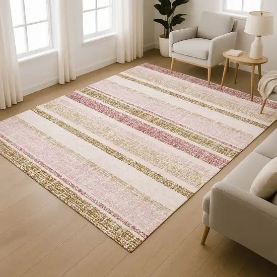 Pink And Beige Striped Washable Area Rug With UV Protection Photo 5