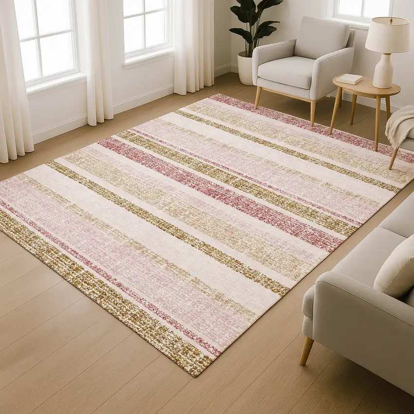 Pink And Beige Striped Washable Area Rug With UV Protection Photo 5