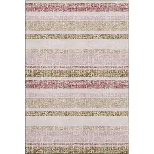 Photo of Pink And Beige Striped Washable Area Rug With UV Protection