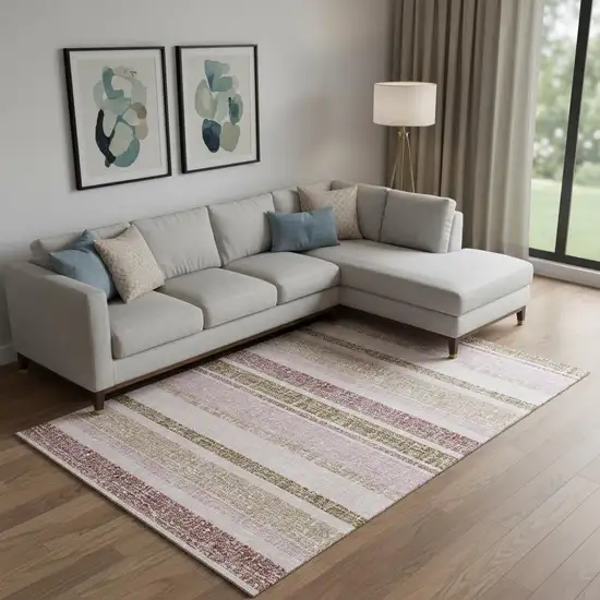 Pink And Beige Striped Washable Area Rug With UV Protection Photo 2