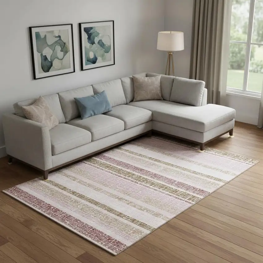 Pink And Beige Striped Washable Area Rug With UV Protection Photo 2