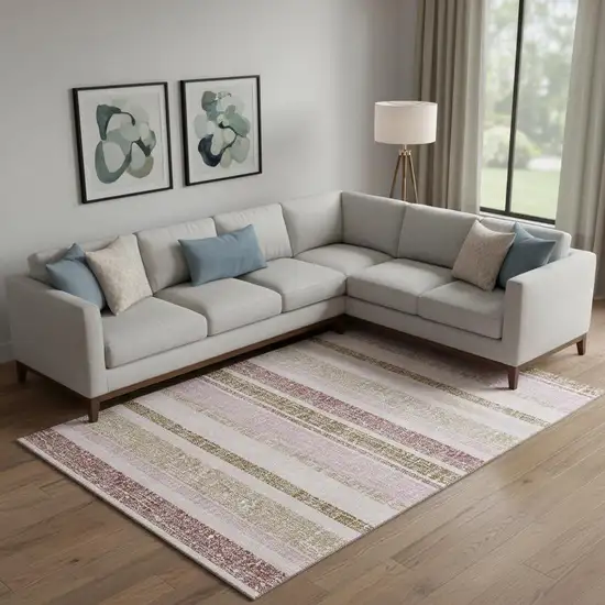 Pink And Beige Striped Washable Area Rug With UV Protection Photo 2