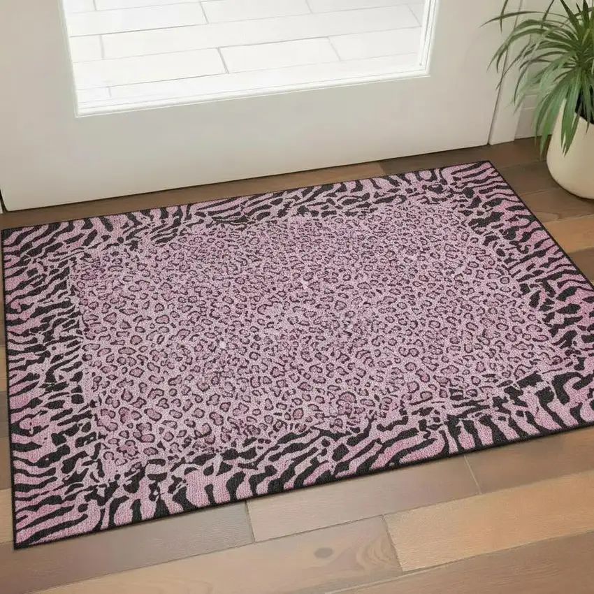 Pink And Black Animal Print Washable Area Rug With UV Protection Photo 2