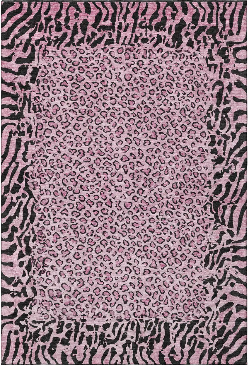 Pink And Black Animal Print Washable Area Rug With UV Protection Photo 3