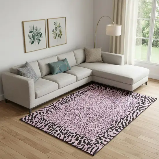 Pink And Black Animal Print Washable Area Rug With UV Protection Photo 2