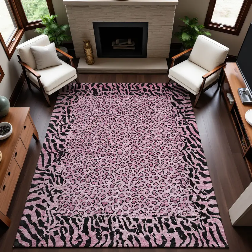 Pink And Black Animal Print Washable Area Rug With UV Protection Photo 6