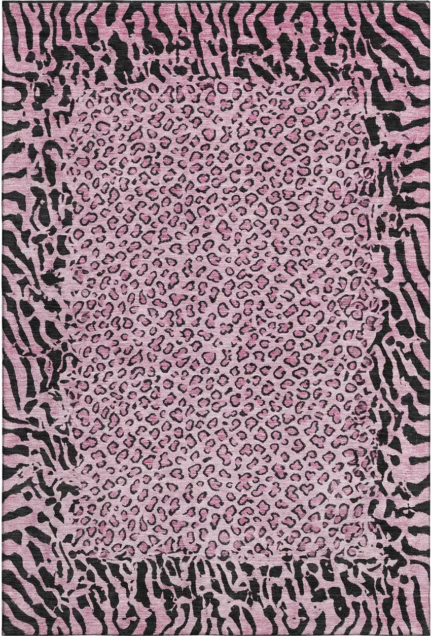 Pink And Black Animal Print Washable Area Rug With UV Protection Photo 1