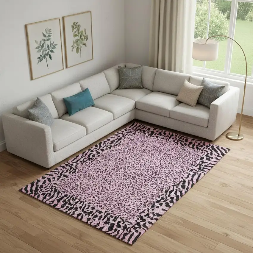 Pink And Black Animal Print Washable Area Rug With UV Protection Photo 2