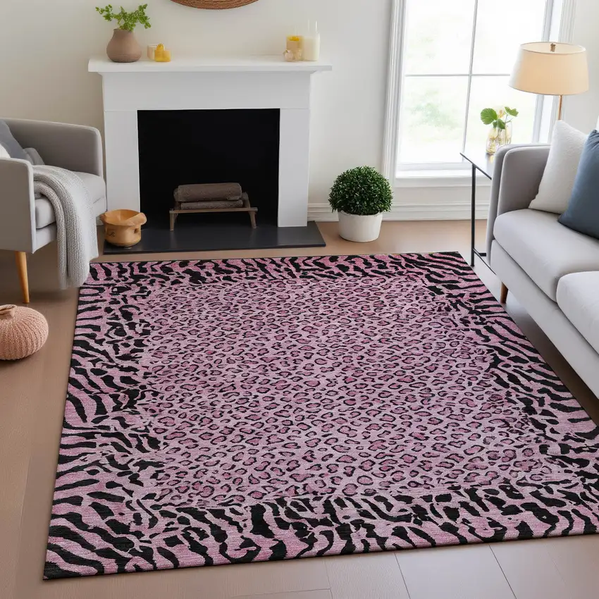 Pink And Black Animal Print Washable Area Rug With UV Protection Photo 4