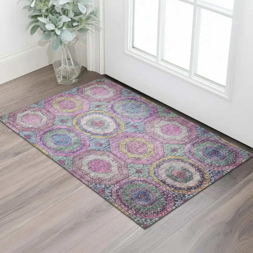 Pink And Blue Geometric Washable Area Rug With UV Protection Photo 2
