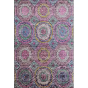Photo of Pink And Blue Geometric Washable Area Rug With UV Protection