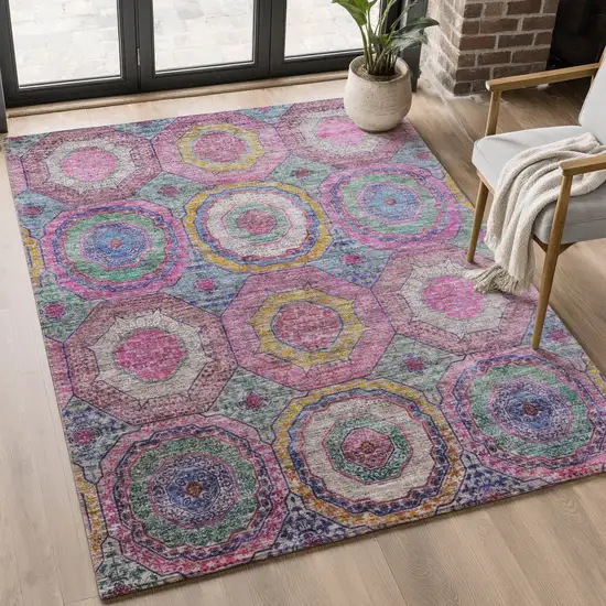 Pink And Blue Geometric Washable Area Rug With UV Protection Photo 5