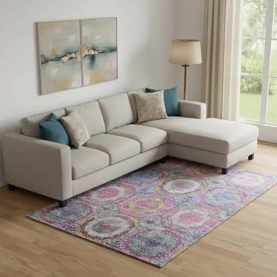 Pink And Blue Geometric Washable Area Rug With UV Protection Photo 2