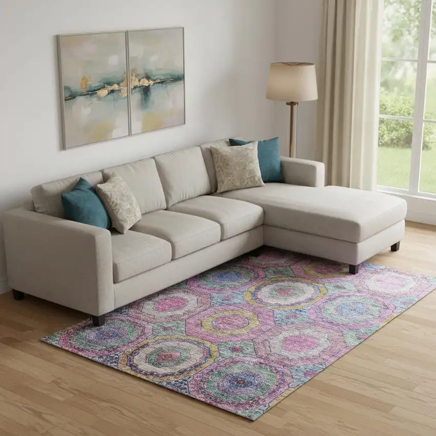 Pink And Blue Geometric Washable Area Rug With UV Protection Photo 2