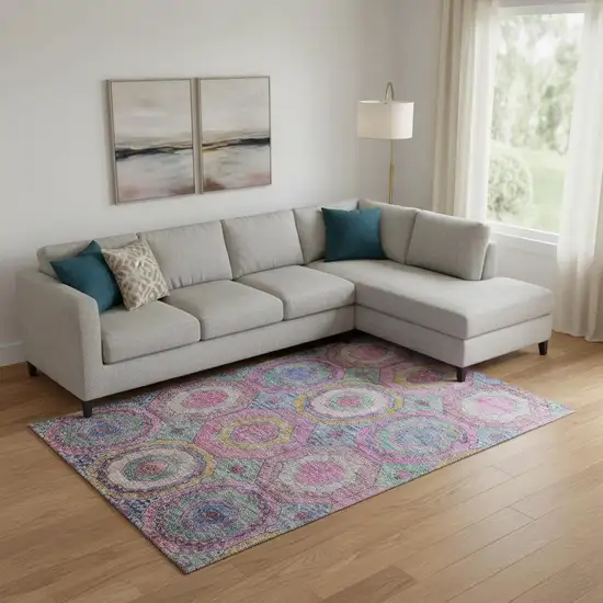 Pink And Blue Geometric Washable Area Rug With UV Protection Photo 2