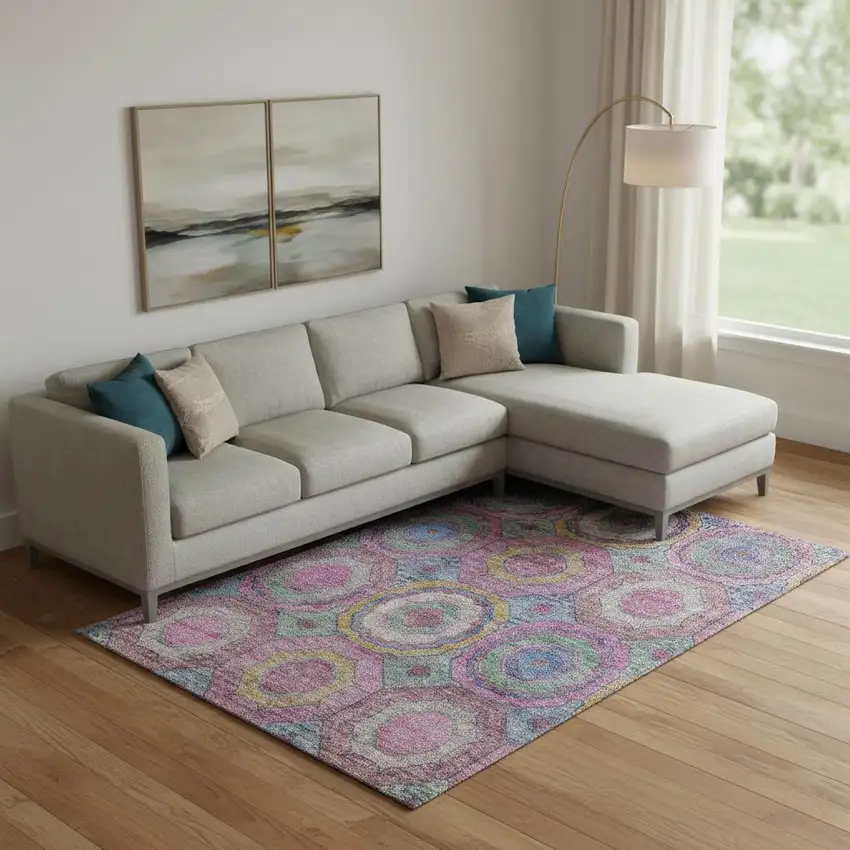 Pink And Blue Geometric Washable Area Rug With UV Protection Photo 2