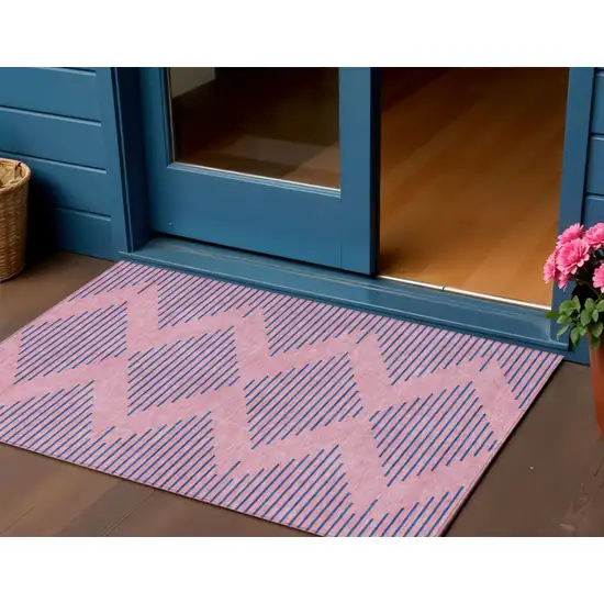 Pink And Blue Geometric Washable Indoor Outdoor Area Rug Photo 1
